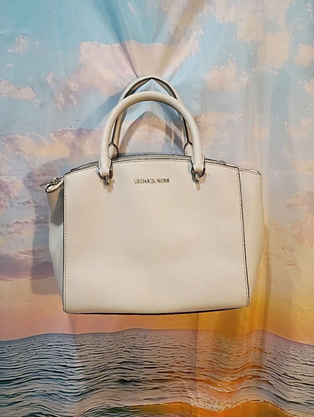 Michael Kors Light Gray Saffiano Leather Satchel with Gold-Tone Logo